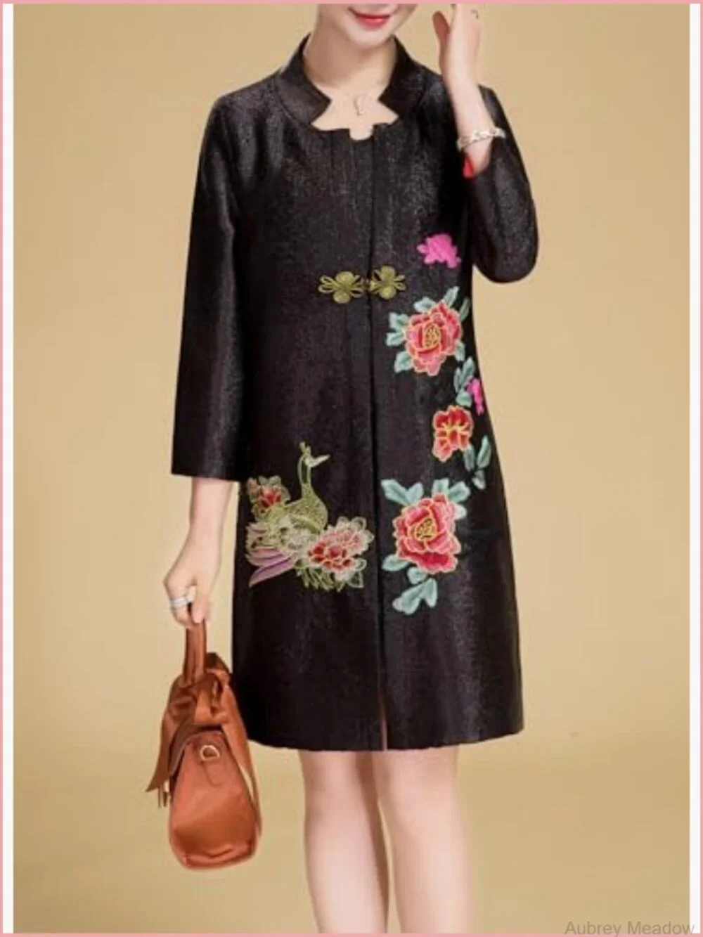 Traditional Embroidery Mandarin Duck Flowers Crinkled One Button Blazer Jacket